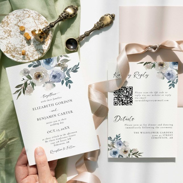 Blå Blommig Bröllop Elegant Vattenfärg QR-kod Inbjudningar (Skapare uppladdad)