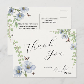 Blå Blommig Bröllop Tacksamhets Postkort Vykort