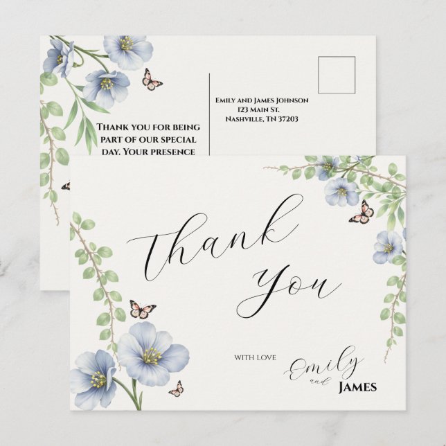 Blå Blommig Bröllop Tacksamhets Postkort Vykort (Fram/baksida)