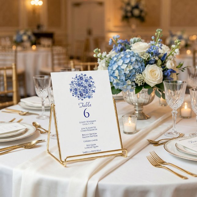 Blå Blommig Bröllopsbord Nummer Kort Gästnamn (Blue Floral Wedding Table Number Card Guest Names.)