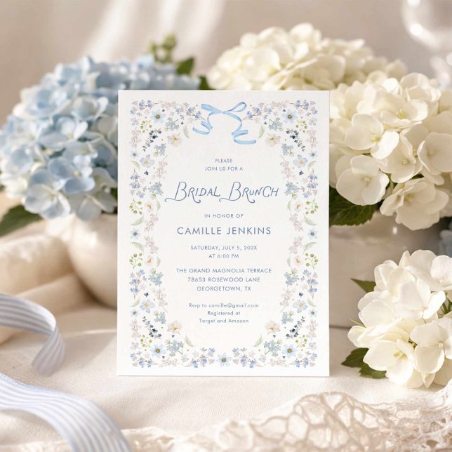 Blå Blommig Bröllopsbrunch med Slöja Inbjudningar (Blue Floral Bridal Brunch Invitation)
