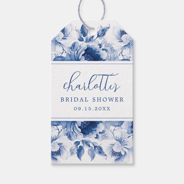 Blå Blommig Bröllopsdusch Presentetikett (Framsidan)