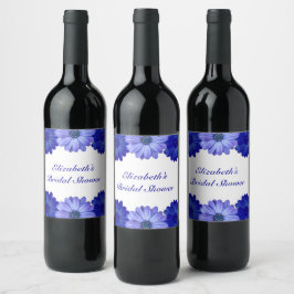 Blå Blommig Bröllopsdusch Vinflaska Etikett
