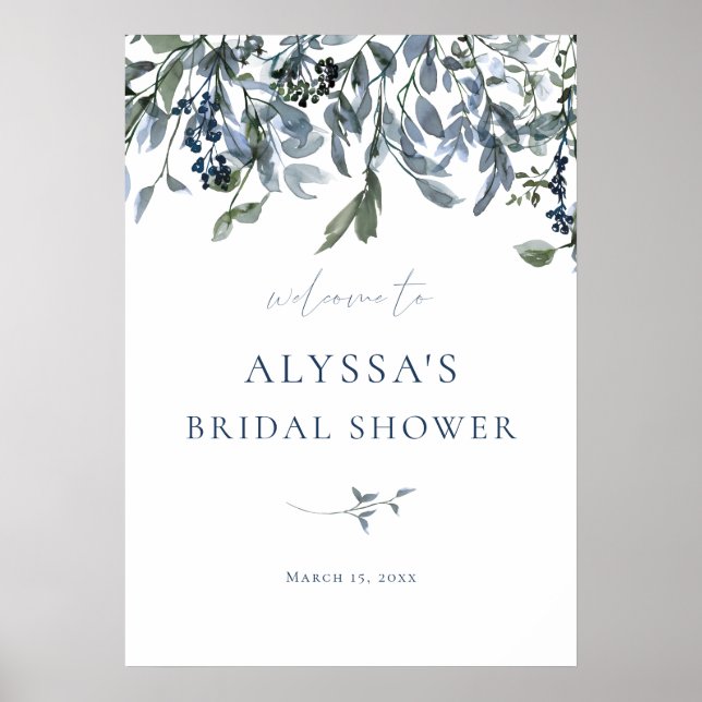 Blå Blommig Bröllopsfest Välkomstskylt Poster (Framsidan)