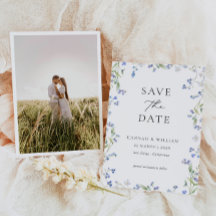 Blå Blommig Bröllopsfotografi Spara Datum Kort