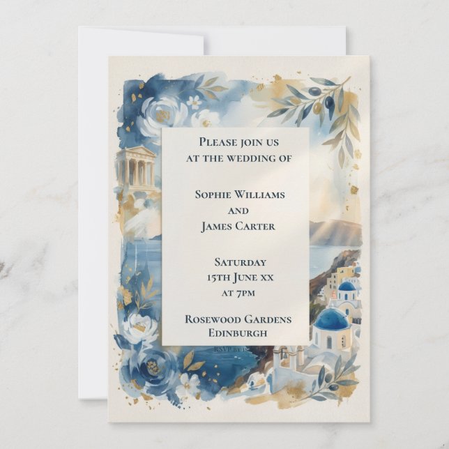 Blå Blommig Bröllopsinbjudan från Santorini Inbjudningar (Framsida)