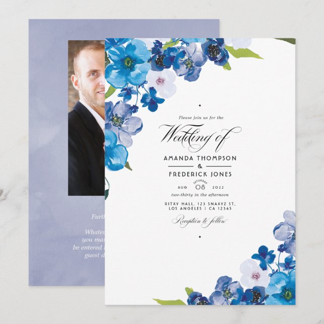 Blå Blommig Bröllopsinbjudan i Pastellskugga Inbjudningar (Fram/baksida)