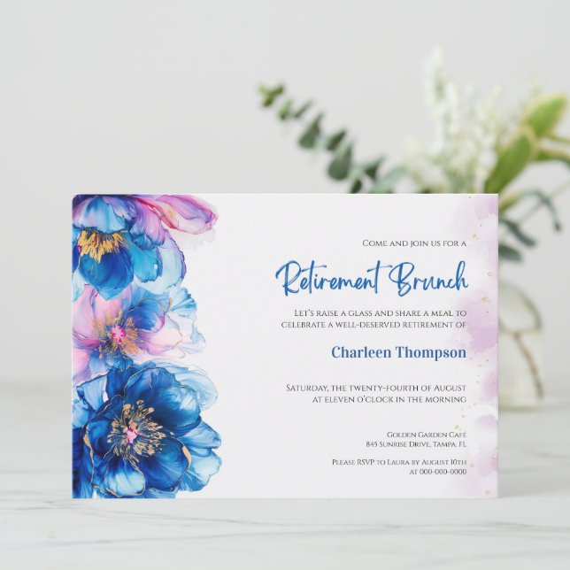 Blå Blommig Brunchinbjudan för Pensionering Inbjudningar (Stående Fram)