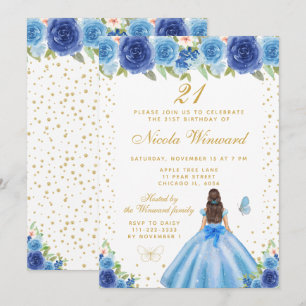 Blå Blommig Brunett Hår Prinsessa Födelsedagsfest Inbjudningar