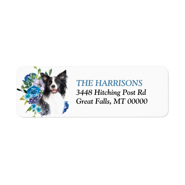 Blå Blommig Bukett Border Collie Returadress Etikett (Framsidan)