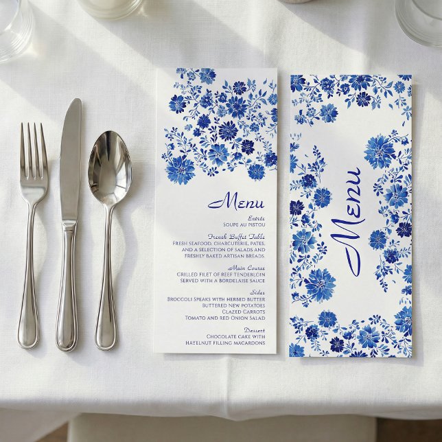 Blå Blommig Bukett Bröllopsmiddagsmeny Kort (Blue Floral Bouquet Wedding Dinner Menu Card.)