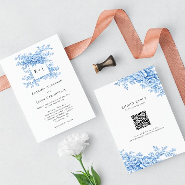 Blå Blommig Chinoiserie 2-sidig QR-kod Monogram Inbjudningar (Skapare uppladdad)