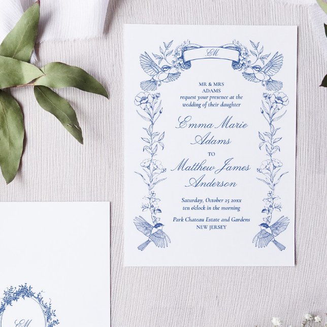 Blå Blommig Chinoiserie Bröllop Inbjudningar (Blue toile chinoiserie wedding invitation with birds and flowers in victorian frame)