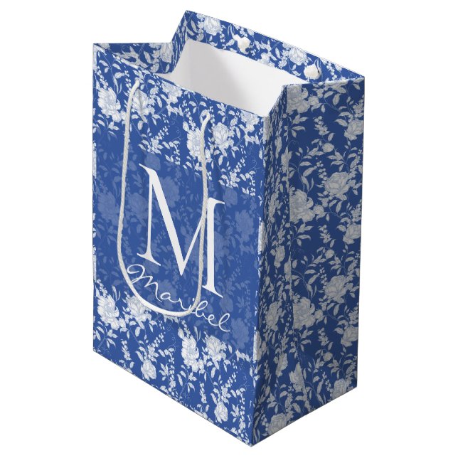 Blå Blommig Chinoiserie Fransk Toile De Jouy (Framsidan Vinklad)