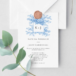 Blå Blommig Chinoiserie Klassisk Monogram Elegant Inbjudningar