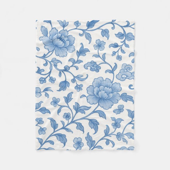 Blå Blommig Chinoiserie Peony Mönster Fleecefilt (Framsidan)