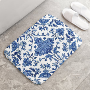 Blå Blommig Chinoiserie Vit Akvarell Badrumsmatta
