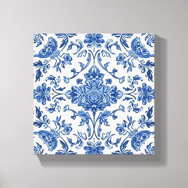 Blå Blommig Chinoiserie Vit Akvarell Canvastryck (Framsida)