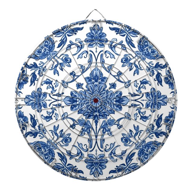 Blå Blommig Chinoiserie Vit Akvarell Darttavla (Framsidan)