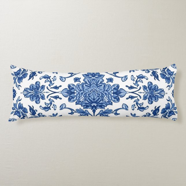 Blå Blommig Chinoiserie Vit Akvarell Kroppskudde (Framsidan)