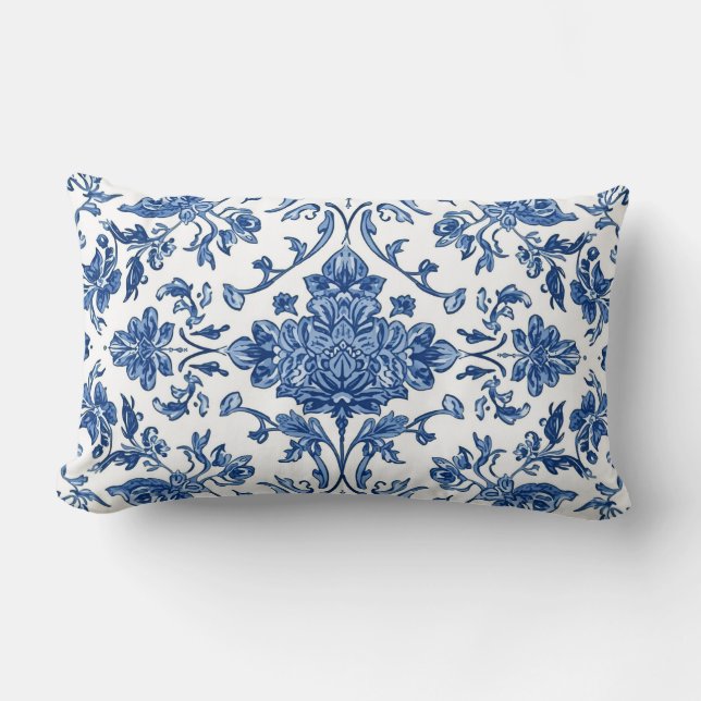 Blå Blommig Chinoiserie Vit Akvarell Lumbarkudde (Framsida)