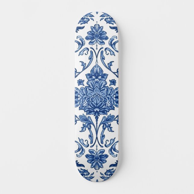 Blå Blommig Chinoiserie Vit Akvarell Mini Skateboard Bräda 18,5 Cm (Framsida)