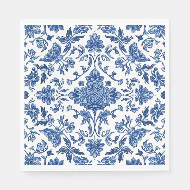 Blå Blommig Chinoiserie Vit Akvarell Pappersservett (Framsidan)