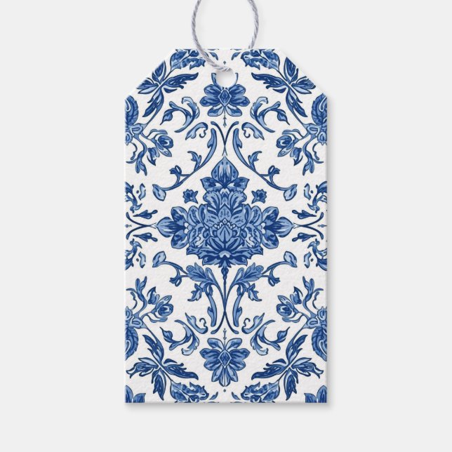 Blå Blommig Chinoiserie Vit Akvarell Presentetikett (Framsidan)