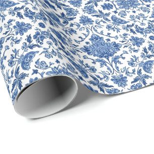 Blå Blommig Chinoiserie Vit Akvarell Presentpapper