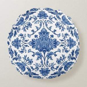 Blå Blommig Chinoiserie Vit Akvarell Rund Kudde