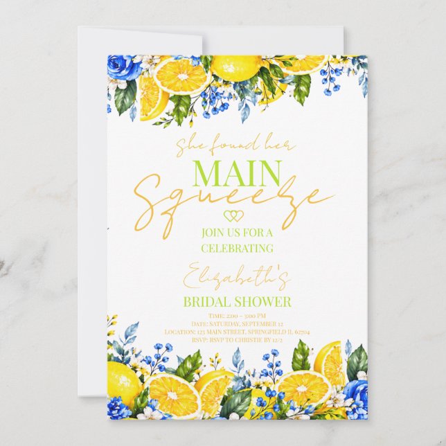 Blå blommig Citron Main Squeeze Bröllopsdusch Inbjudningar (Framsida)