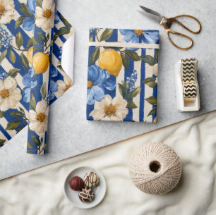 Blå Blommig Citronrandig Elegant Presentpapper