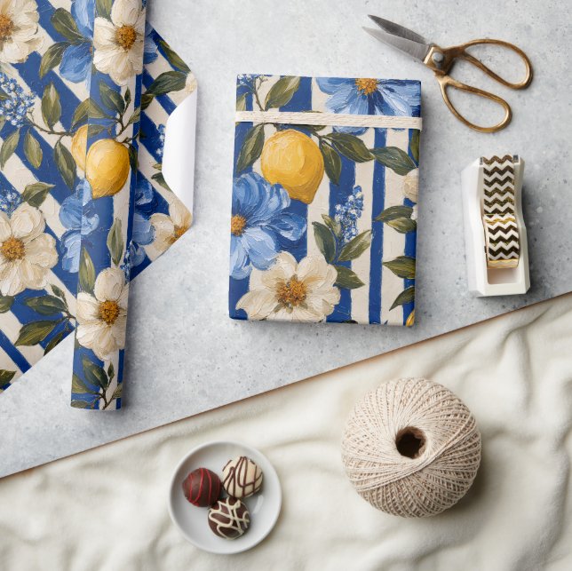Blå Blommig Citronrandig Elegant  Presentpapper (Hantverk)