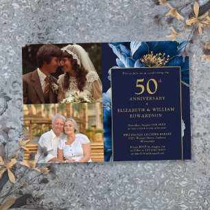 Blå Blommig Då Och Nu 50-årsjubileum 2 Foto Inbjudningar