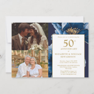 Blå Blommig Då Och Nu 50-årsjubileum 2 Foto Inbjudningar
