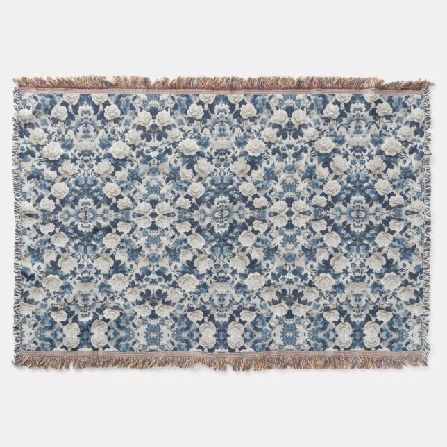 Blå Blommig Damask Mönsterfilt Filt (Framsidan)