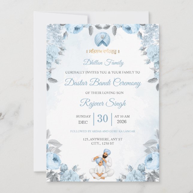 Blå Blommig Dastar Bandi Ceremoni Inbjudan (Framsida)
