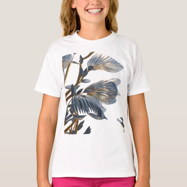 Blå Blommig Designväxt T Shirt (Framsida)