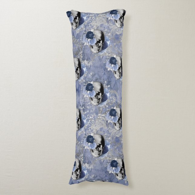 Blå Blommig Dödskalle Serie Design 2 Kroppskudde (Framsidan Vertikal)