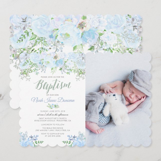 Blå Blommig Dop Dopinvitation Inbjudningar (Fram/baksida)