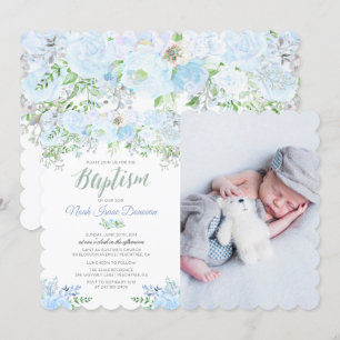 Blå Blommig Dop Dopinvitation Inbjudningar