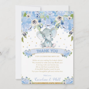Blå Blommig Elefant Baby Shower Pojke Tack Kort