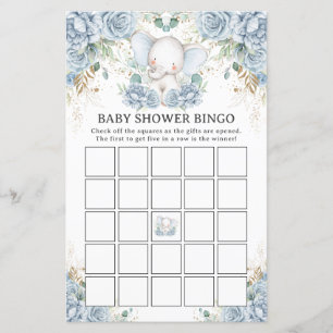 Blå Blommig Elefant Bebisshower Bingo Spel
