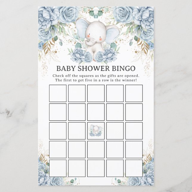 Blå Blommig Elefant Bebisshower Bingo Spel (Framsida)