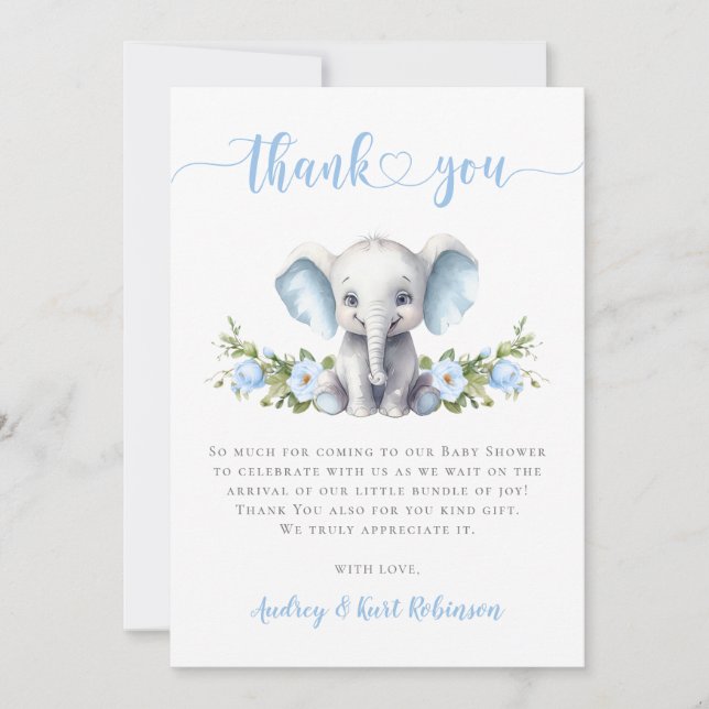 Blå Blommig Elefant Liten Jordnöt Baby Pojke Bebis Tack Kort (Framsida)