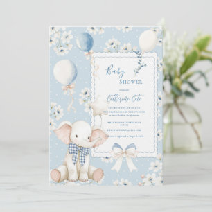 Blå Blommig Elefant med Ballonger Elegant Bebis Inbjudningar