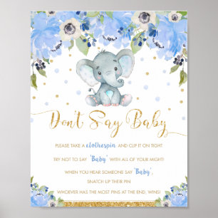 Blå Blommig Elefant Säga Inte Baby Shower Lek Poster