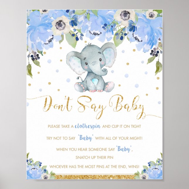 Blå Blommig Elefant Säga Inte Baby Shower Lek  Poster (Framsidan)