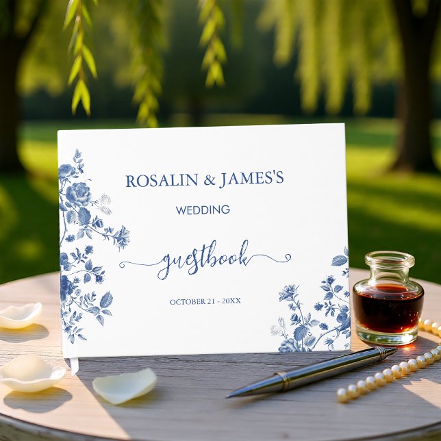 Blå Blommig Elegant Botanisk Bröllopsmottagning Gästböcker (Blue Floral Elegant Botanical Wedding Reception Guest Book)