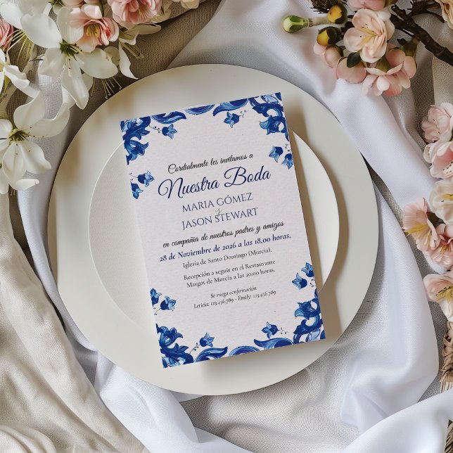 Blå Blommig Elegant Fiesta Spansk Bröllop Inbjudningar (Blue Floral Elegant Fiesta Spanish Wedding Invitation)